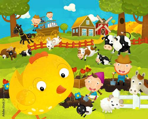 cartoon happy and funny farm scene with happy chicken hen - illustration for children