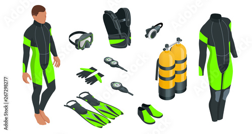 Isometric mans Scuba gear and accessories. Equipment for diving. IDiver wetsuit, scuba mask, snorkel, fins, regulator dive icons Underwater activity diving equipment and accessories Underwater sport