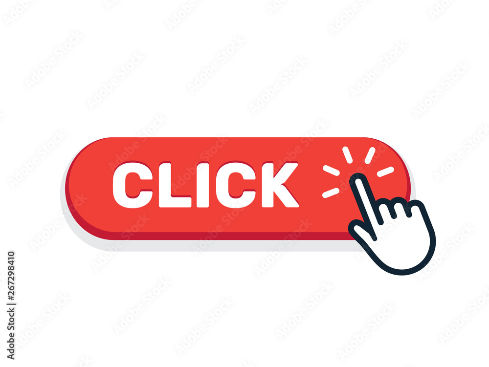 Click here button with hand icon. Vector click web sign cursor symbol. Button isolated Click here button with hand icon. Vector click web sign cursor symbol. Button isolated