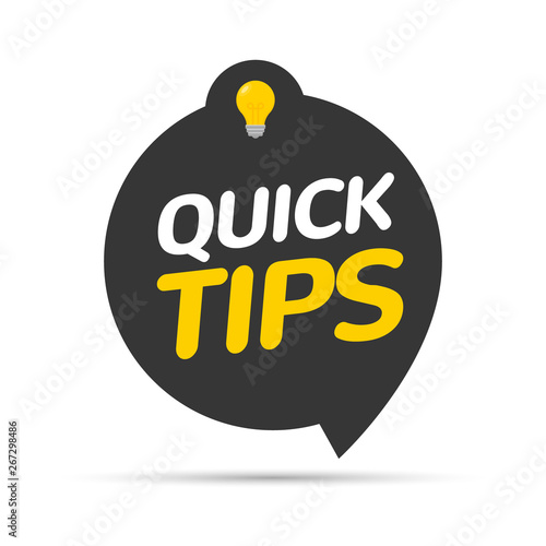 Quick tips icon badge. Top tips advice note icon. Idea bulb education tricks