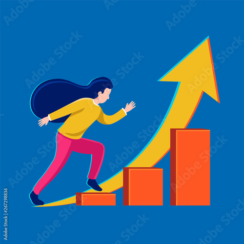 girl runs up the career ladder. Vector illustration of girl success. 