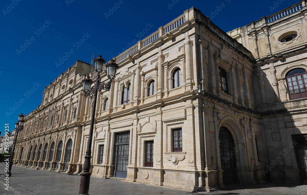 The view of Seville Town hall, built in plateresque style, in San Francisco Square, Spain .
