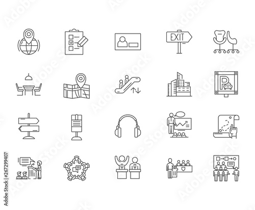 Conference venue line icons, linear signs, vector set, outline concept illustration