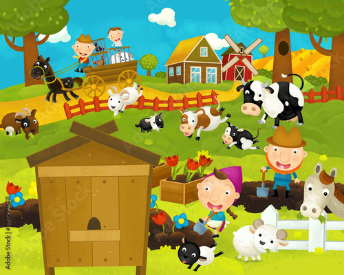 cartoon happy and funny farm scene with funny hive - illustration for children