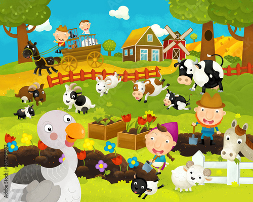 cartoon happy and funny farm scene with happy turkey - illustration for children