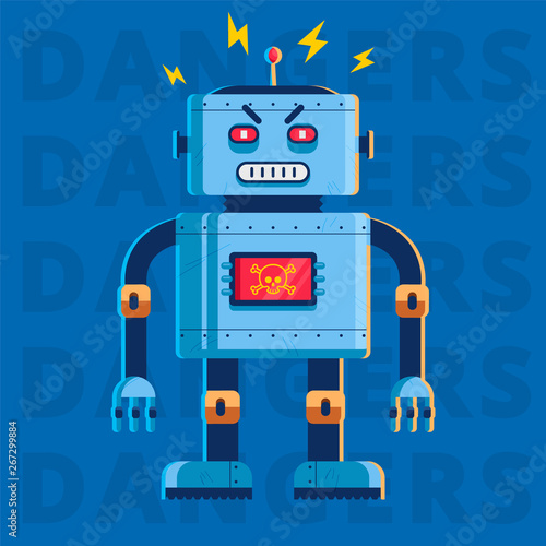 flat image of an evil killer robot. he is very angry. 