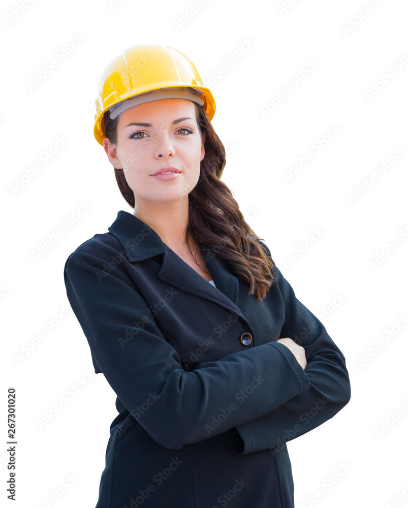 Female Contractor In Hard Hat Isolated On White Female Contractor In Hard Hat Isolated On White
