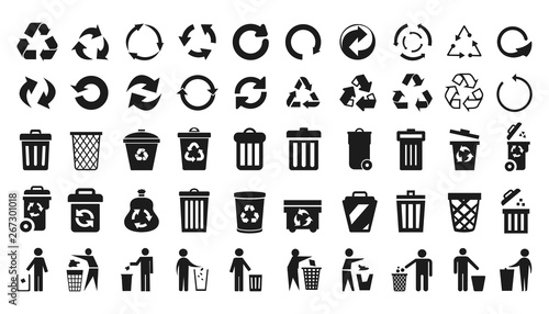 Recycle icons set and trash can icons with man - stock vector