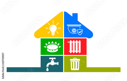 Utilities icons in flat style: water, gas, lighting, heating, phone, waste, security – stock vector