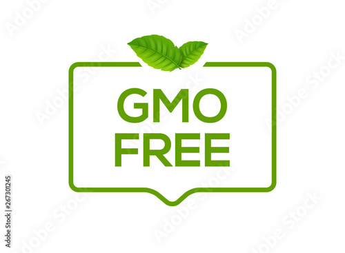 GMO Free icon logo. Non gmo food label symbol. Organic green stamp design healthy food with leaf sticker