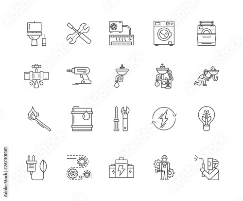 Electrical gas & sanitary services line icons, linear signs, vector set, outline concept illustration