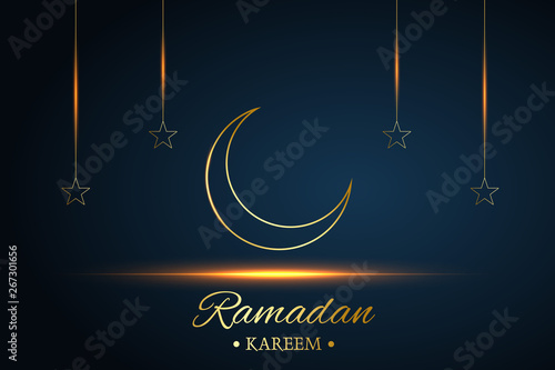 Golden Islamic moon and stars, ramadan kareem written with black background, vector