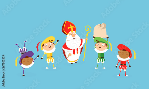 Saint Nicholas or Sinterklass and helpers Piets celebrate and having fun - vector illustration cartoon style