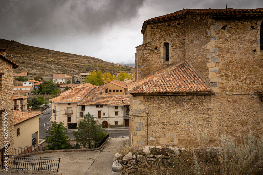 typical architecture in Villarroya de los Pinares, province of Teruel, Aragon, Spain