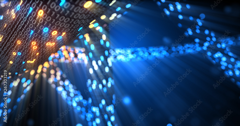 Abstract blue and orange digital binary code matrix background with flare. Futuristic Big data information technology, data center, block chain, server, internet, hi-speed. 3D rendering