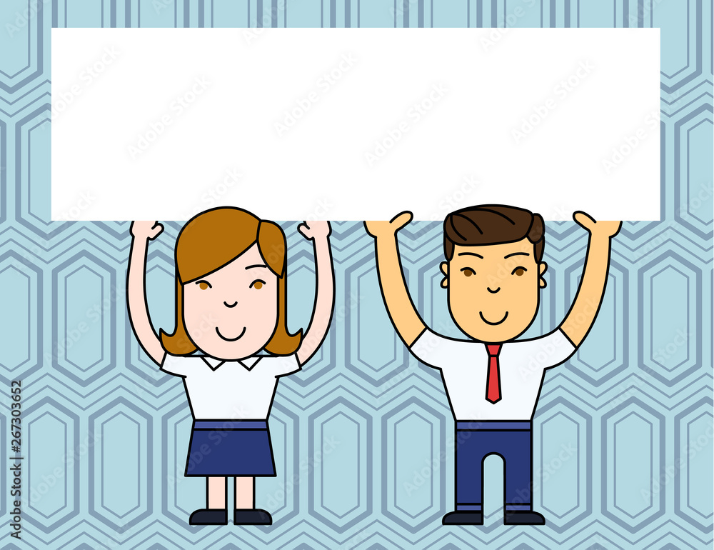 Two Smiling People Holding Big Blank Poster Board Overhead with Both Hands Business concept Empty template copy space isolated Posters coupons promotional material Two Smiling People Holding Big Blank Poster Board Overhead with Both Hands Business concept Empty template copy space isolated Posters coupons promotional material