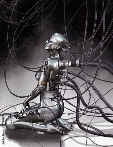 3D chrome cyborg model with cables