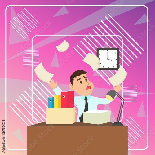 Confused Male Employee Manager Cluttered Workspace Overflow Time Shortage Copy Space design Empty template text for Ad, promotion, poster, flyer, web banner, article