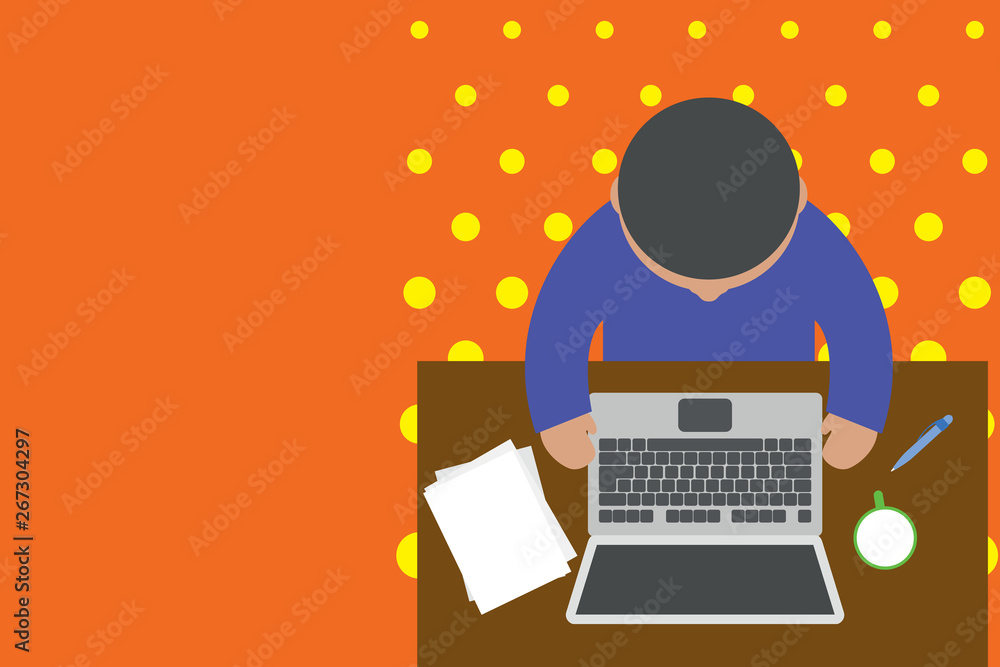 Upper view young man sitting working table laptop documents coffee cup pen Design business Empty template isolated Minimalist graphic layout template for advertising Upper view young man sitting working table laptop documents coffee cup pen Design business Empty template isolated Minimalist graphic layout template for advertising