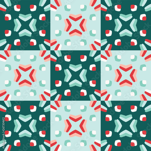 Hand drawn christmas geometric pattern. Seamless vector background. Festive red green white scrapbooking paper, gift wrap, seasonal party decor. Xmas textiles, stationery, modern allover quilt prints