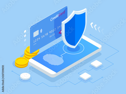 Isometric online payment protection system. Smartphone and credit card. Mobile data security. Secure bank transaction with password verification via internet. App programming technology and software