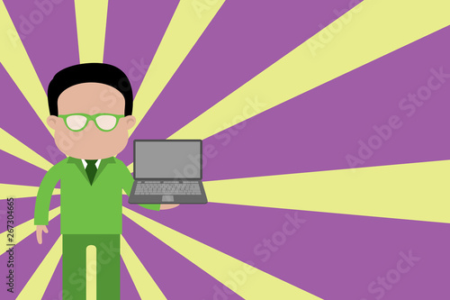 Standing man in suit wearing eyeglasses holding open laptop photo Art Design business concept Empty template copy space text for Ad website isolated