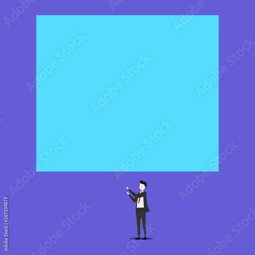 Short hair cut man stand in front audience with rectangle big blank board Design business concept Empty copy text for Web banners promotional material mock up template.