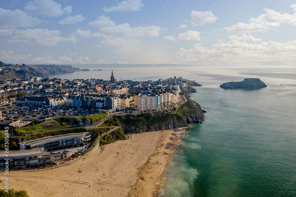 Fototapeta premium Aerial photo of Tenby bay small town south wales united kingdom