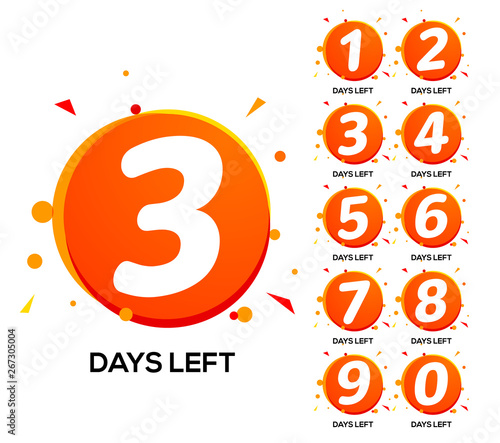 Countdown left days. One two three day left number, count time sale week banner