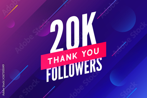 20000 followers vector. Greeting social card thank you followers. Congratulations 20k follower design template photo