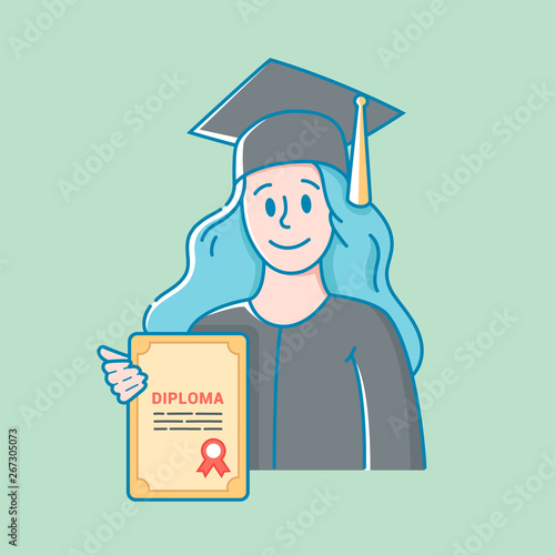 girl in a hat and gown holds a diploma