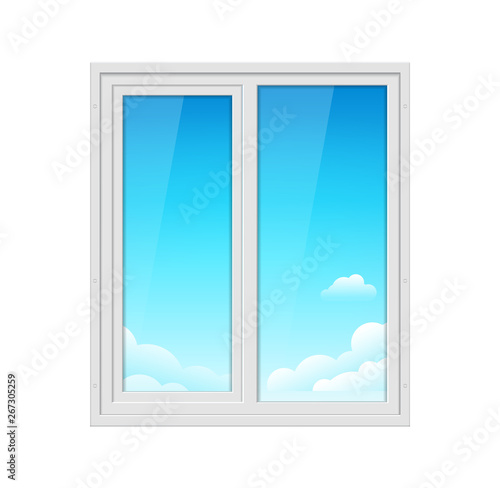 Plastic window frame in house. Vector glass plastic window closedm office inside illustration  blue sky outside