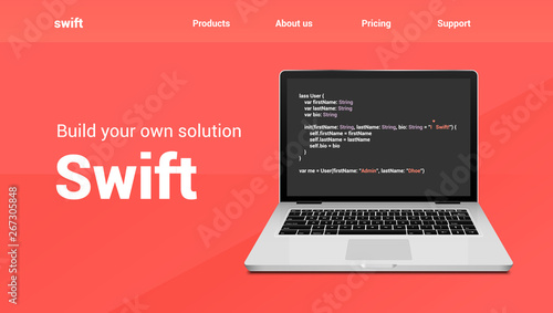 Swift programming code technology banner. Swift language software coding development website design