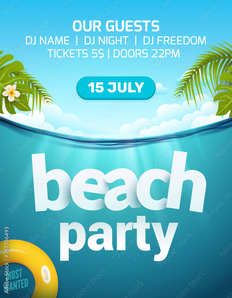 Pool beach summer party invitation banner flyer design. Water and palm inflatable yellow mattress. Beach party template poster - obrazy, fototapety, plakaty 