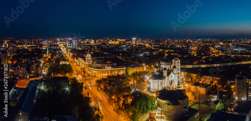 Night summer Voronezh cityscape. Tower of management of south-east railway and Annunciation Cathedral