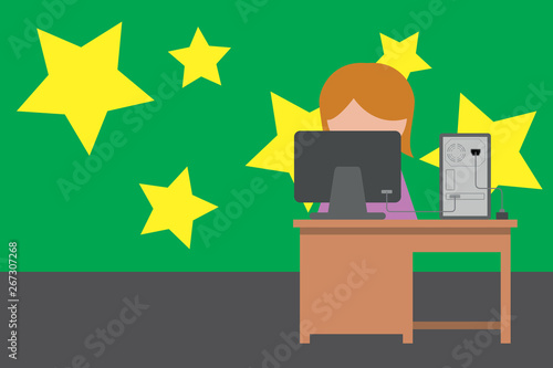 Young female working office sitting desktop computer office monitor photo Copy Space design Empty template text for Ad, promotion, poster, flyer, web banner, article