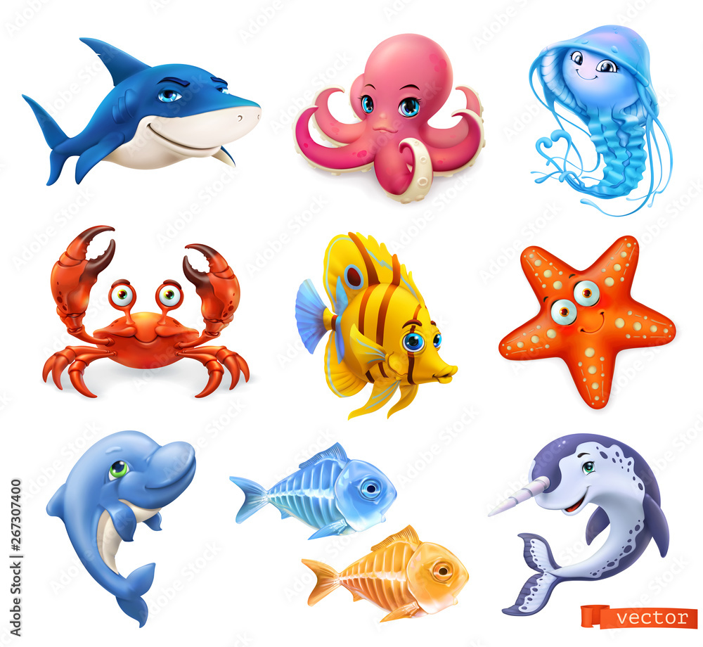 Fish and sea animals. Shark, octopus, jellyfish, crab, starfish, dolphin,  narwhal. Cartoon character 3d vector icon set Stock Vector | Adobe Stock