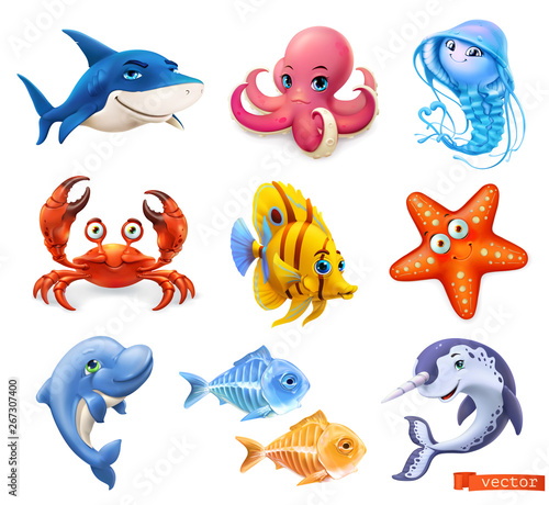 Fish and sea animals. Shark, octopus, jellyfish, crab, starfish, dolphin, narwhal. Cartoon character 3d vector icon set