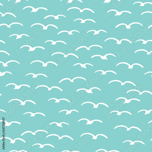 Cute seagulls flying in summer sky. Marine animal bird seamless vector background. Hand drawn sealife tile. All over print kids textiles. maritime fashion all over prints, classy nautical home decor.