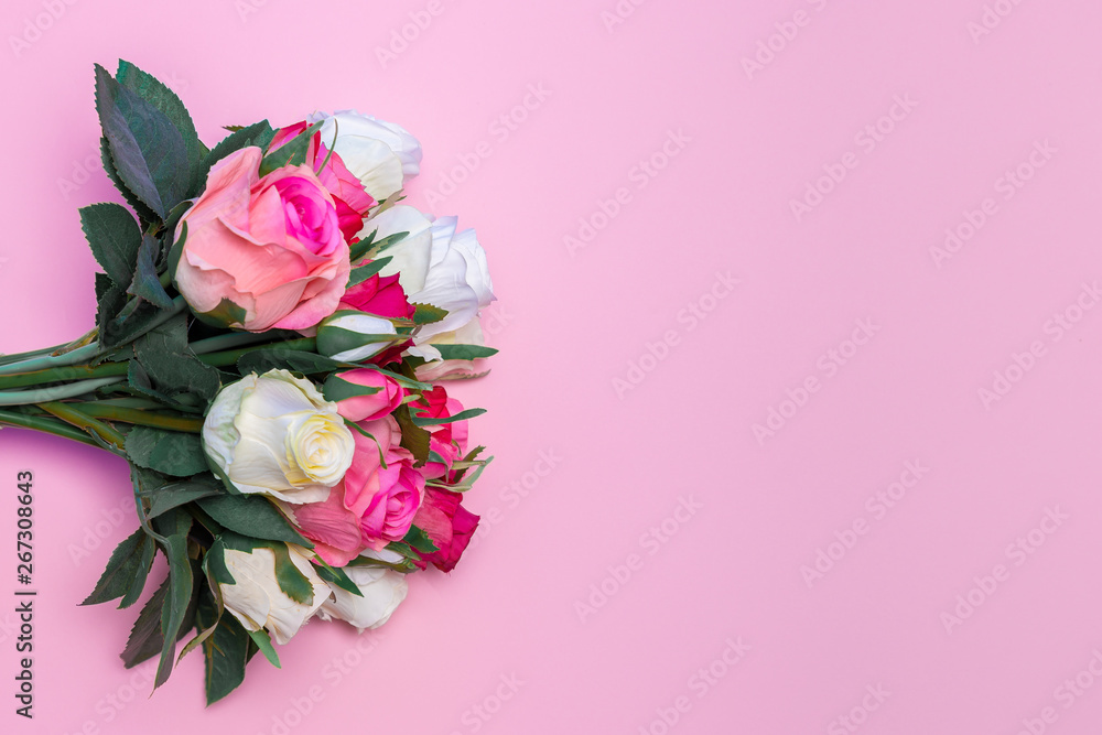 Pink Rose Flowers Colorful Flat Lay
