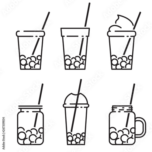 Bubble tea icon set in line style vector line illustration