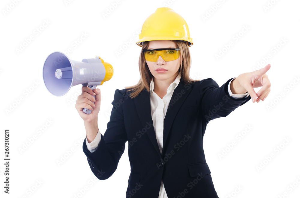 Woman with hard hat isolated on white Woman with hard hat isolated on white