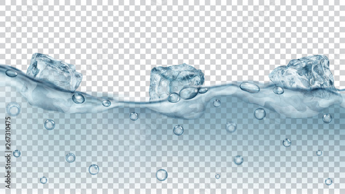Translucent gray ice cubes and many air bubbles floating in water on transparent background. Transparency only in vector format