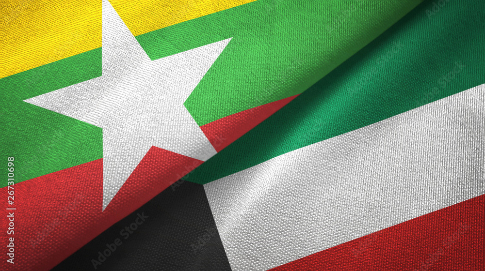 Myanmar and Kuwait two flags textile cloth, fabric texture
