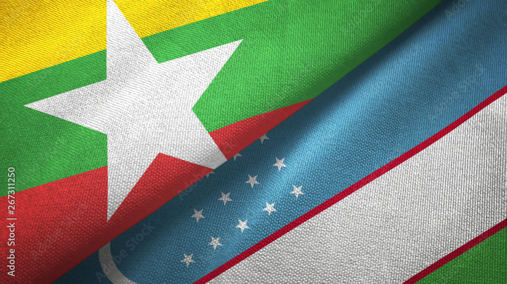 Myanmar and Uzbekistan two flags textile cloth, fabric texture Myanmar and Uzbekistan two flags textile cloth, fabric texture