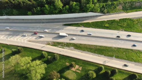American highway top down aerial view, overpass and exit roads to Lancaster County in Pennsylvania 4k