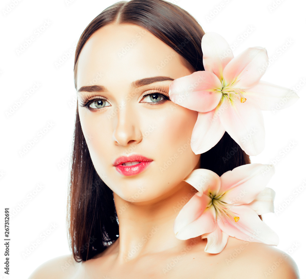 young attractive lady close up with hands on face isolated flower lily brunette spa nude makeup macro young attractive lady close up with hands on face isolated flower lily brunette spa nude makeup macro