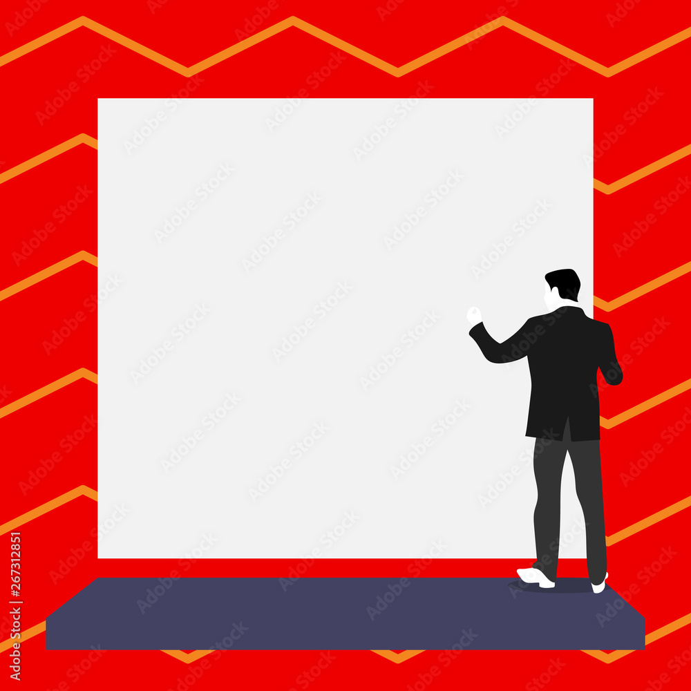 Obraz premium Short hair immature young man stand in front of rectangle big blank board Copy Space design Empty template text for Ad, promotion, poster, flyer, web banner, article