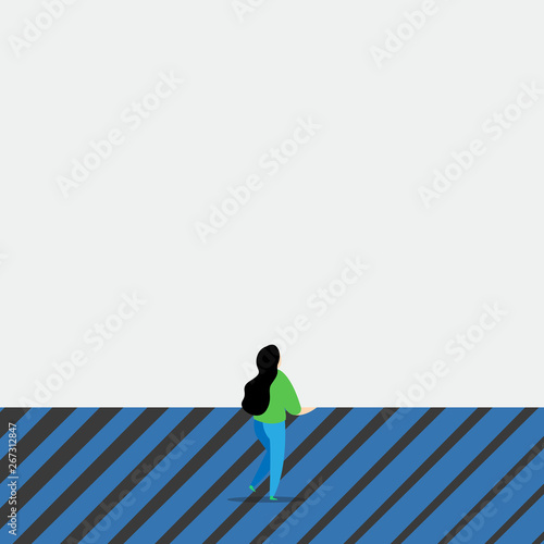 Lengthy hairstyle woman stand with one leg lifted in back view position Design business concept Empty copy text for Web banners promotional material mock up template.