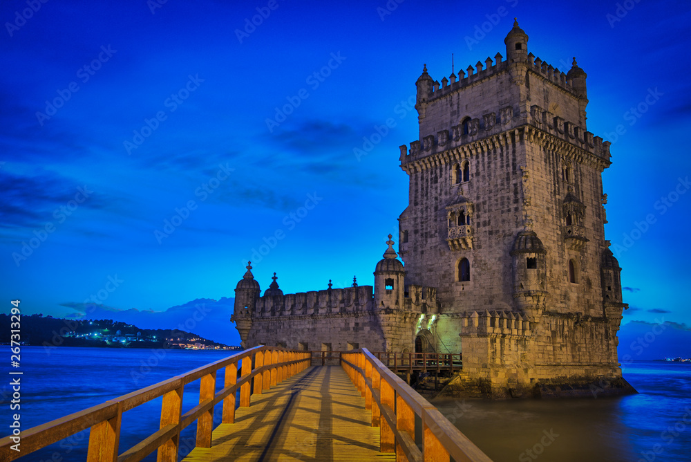 Dusk in Lisbon - Portugal. In the image the beautiful monument of the Tower of Belém.